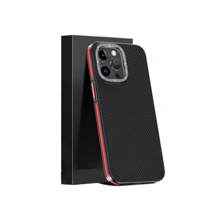 iPhone 15 Pro Max Kılıf Aramid 600D Kevlar Karbon Fiber Magsafe Kapak - Kırmızı