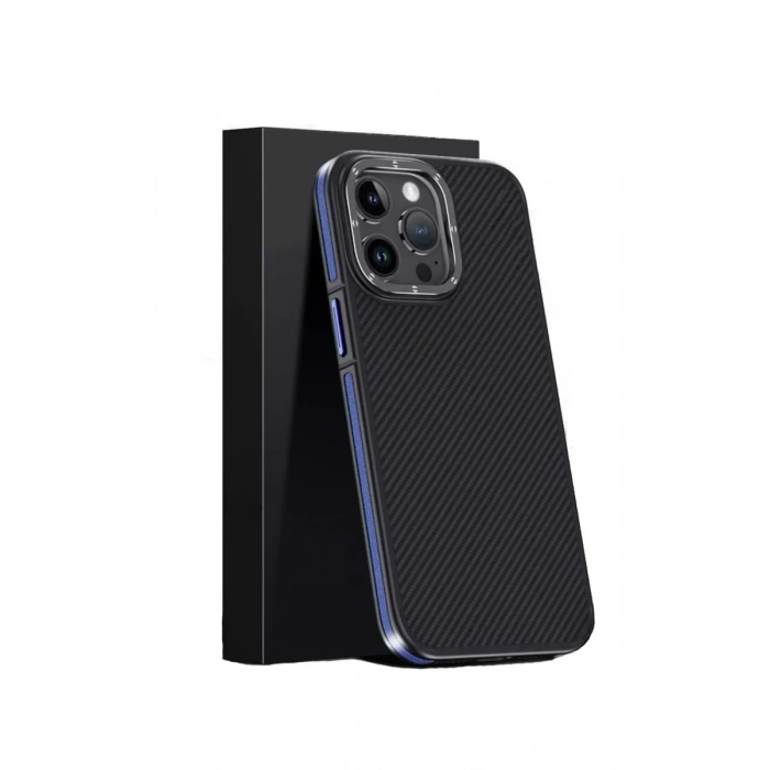 iPhone 15 Pro Max Kılıf Aramid 600D Kevlar Karbon Fiber Magsafe Kapak - Lacivert