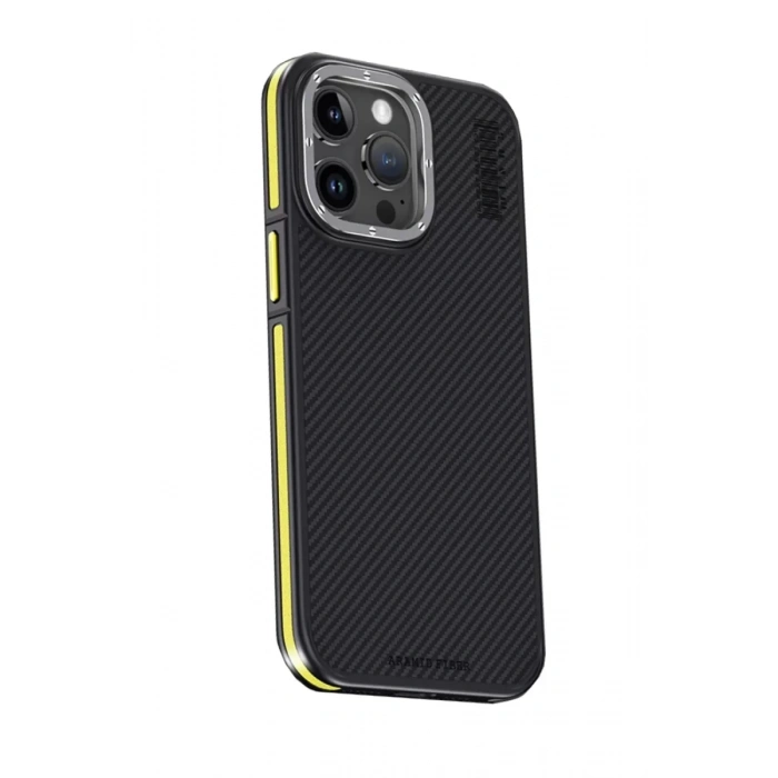 iPhone 15 Pro Max Kılıf Aramid 600D Kevlar Karbon Fiber Magsafe Kapak - Sarı