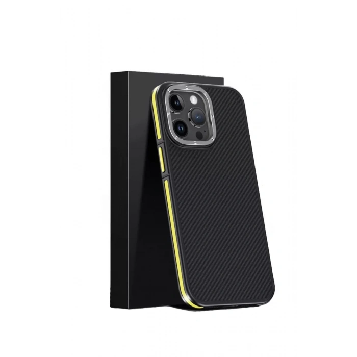 iPhone 15 Pro Max Kılıf Aramid 600D Kevlar Karbon Fiber Magsafe Kapak - Sarı