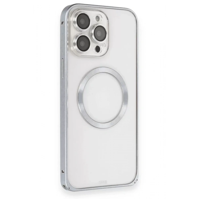 iPhone 15 Pro Max Kılıf Metal Bumper Magneticsafe Kapak - Gri
