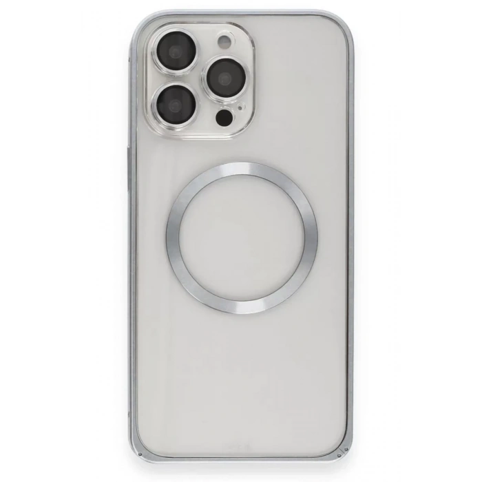 iPhone 15 Pro Max Kılıf Metal Bumper Magneticsafe Kapak - Gri