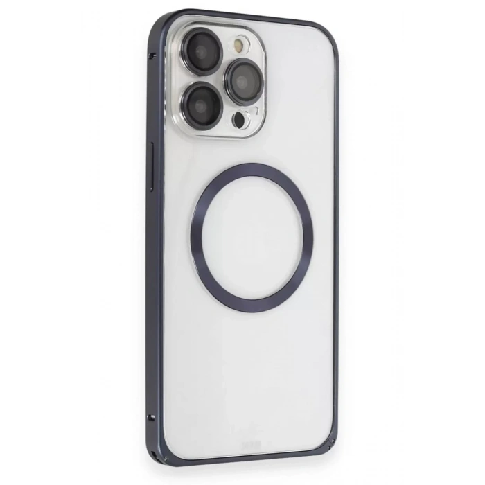 iPhone 15 Pro Max Kılıf Metal Bumper Magneticsafe Kapak - Lacivert