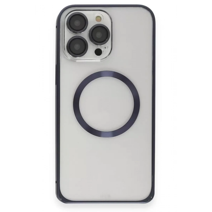 iPhone 15 Pro Max Kılıf Metal Bumper Magneticsafe Kapak - Lacivert
