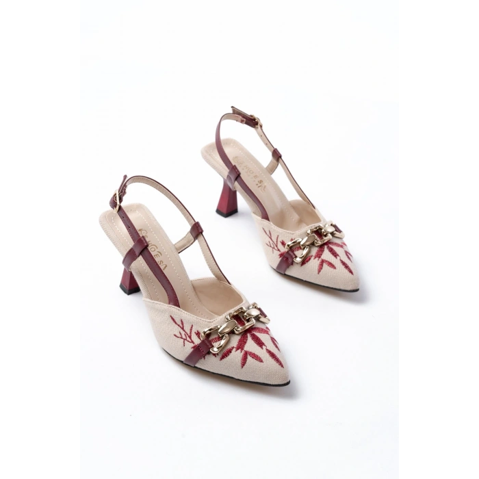 K-250 Bordo Keten Günlük Arkası Açık Tokalı Topuklu Kadın Ayakkabı