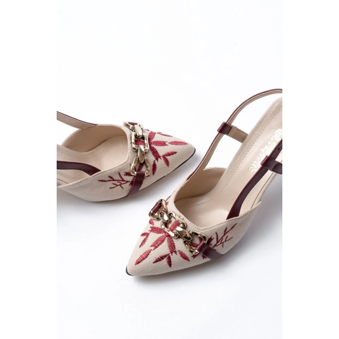 K-250 Bordo Keten Günlük Arkası Açık Tokalı Topuklu Kadın Ayakkabı