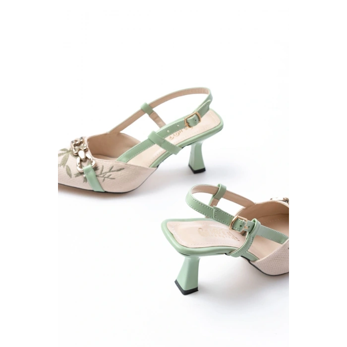 K-250 Fıstık Yeşili Keten Günlük Arkası Açık Tokalı Topuklu Kadın Ayakkabı