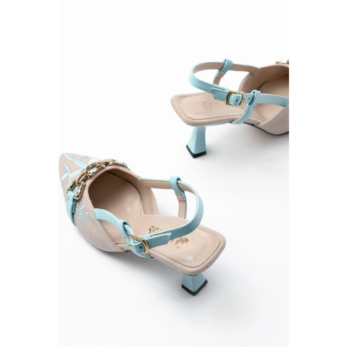 K-250 Mavi Keten Günlük Arkası Açık Tokalı Topuklu Kadın Ayakkabı