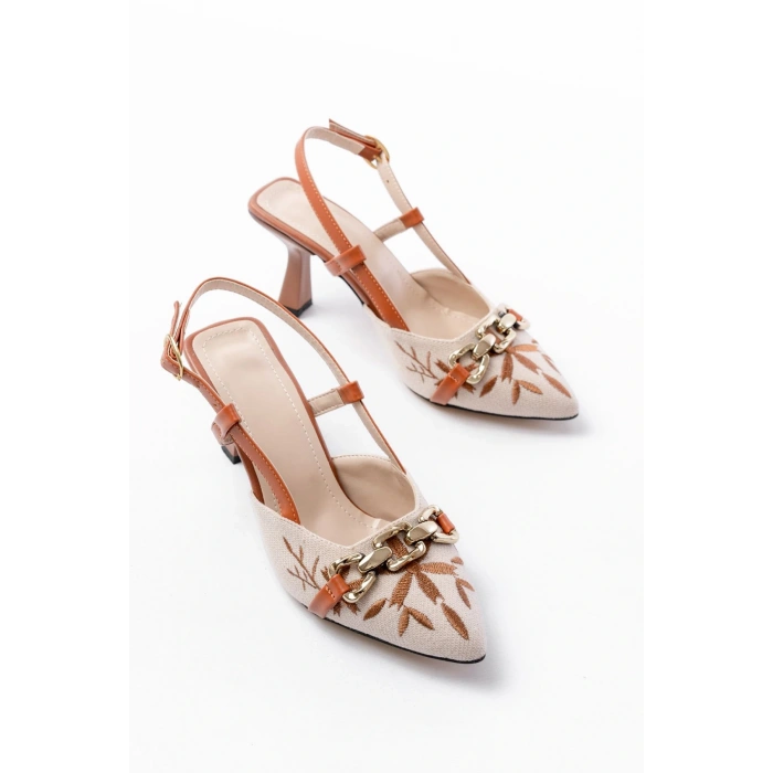 K-250 Taba Keten Günlük Arkası Açık Tokalı Topuklu Kadın Ayakkabı