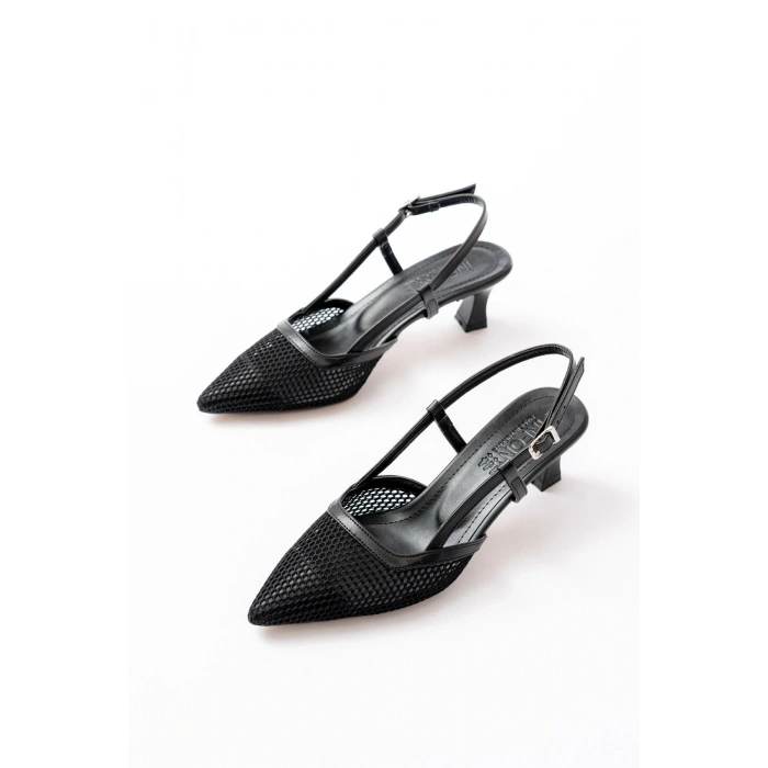 K-607 Siyah Günlük Fileli Arkası Açık 7 cm Topuklu Bayan Ayakkabı