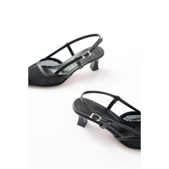 K-607 Siyah Günlük Fileli Arkası Açık 7 cm Topuklu Bayan Ayakkabı