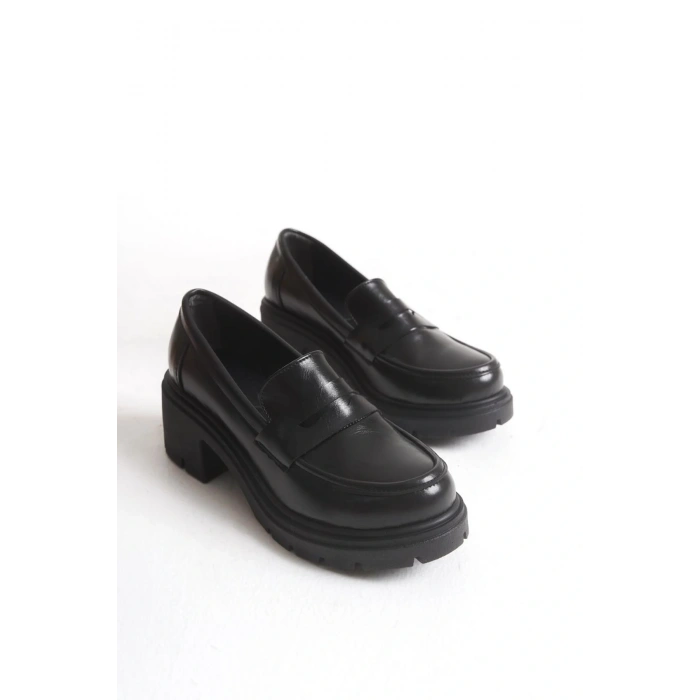 K-706 Siyah Kırışık Rugan Yüksek Tabanlı Loafer Ayakkabı