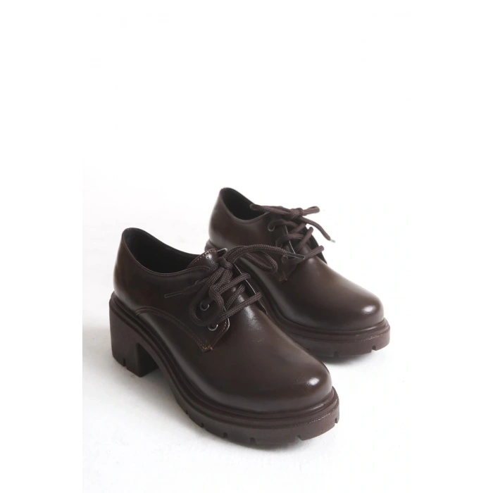 K-707 Kahve Kırışık Rugan Yüksek Tabanlı Bağcıklı  Loafer Ayakkabı