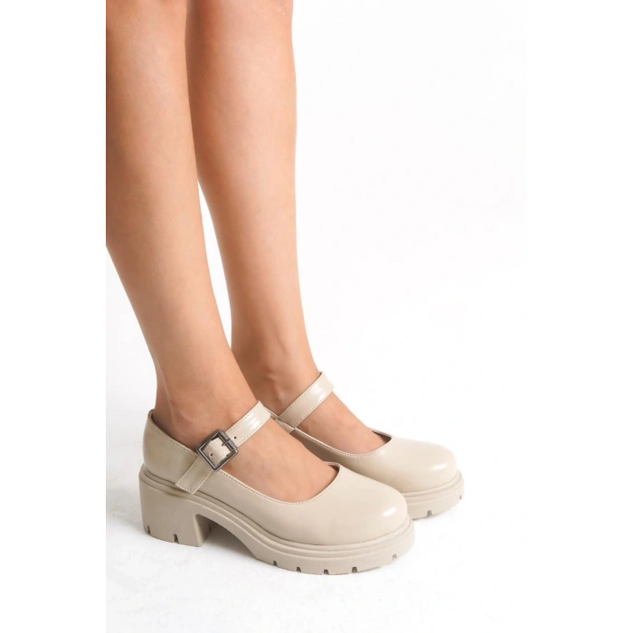 K-708 Bej Kırışık Rugan Tokalı Yüksek Tabanlı Loafer Ayakkabı