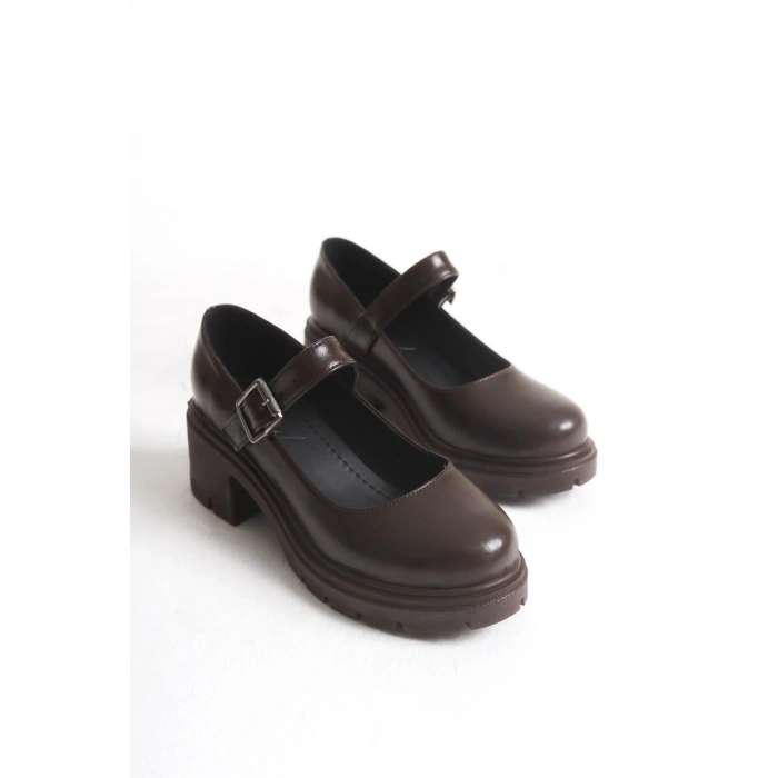 K-708 Kahve Kırışık Rugan Tokalı Yüksek Tabanlı Loafer Ayakkabı