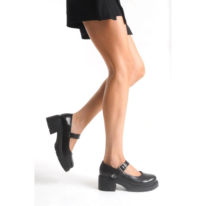 K-708 Siyah Kırışık Rugan Tokalı Yüksek Tabanlı Loafer Ayakkabı