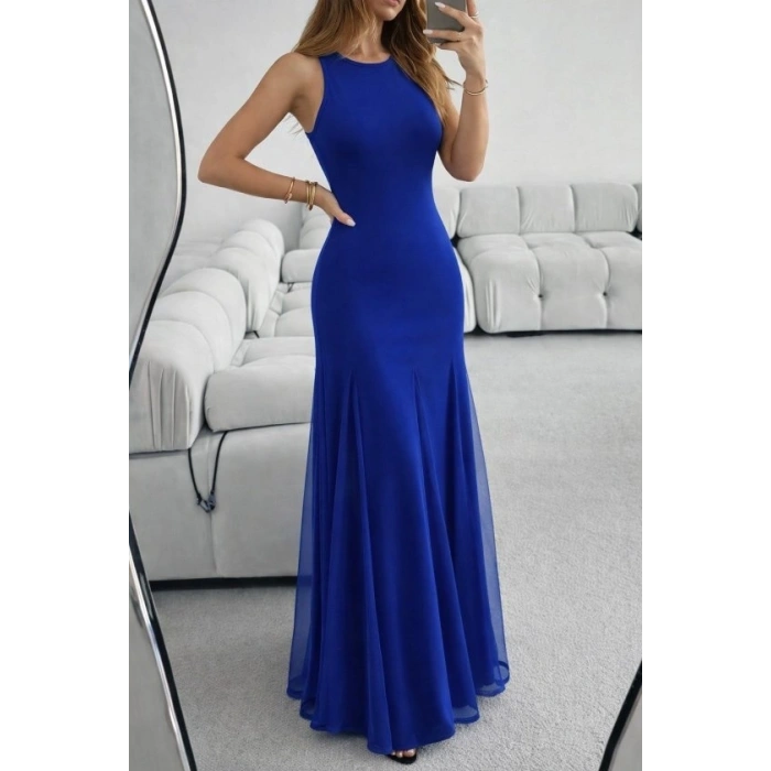 Kadın Askılı Bisiklet Yaka Etek Ucu Tül Detaylı Asimetrik Kiloş Uzun Ithal Krep Elbise