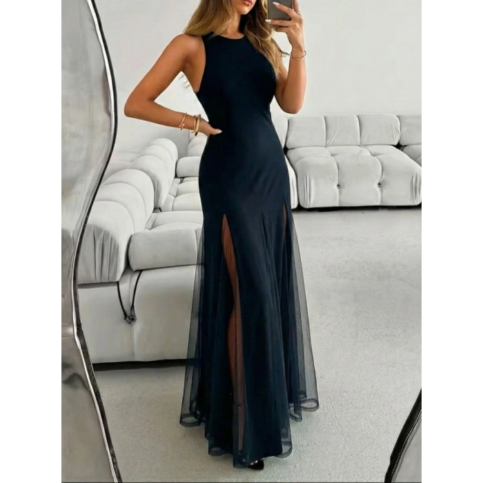 Kadın Askılı Bisiklet Yaka Etek Ucu Tül Detaylı Asimetrik Kiloş Uzun Ithal Krep Elbise