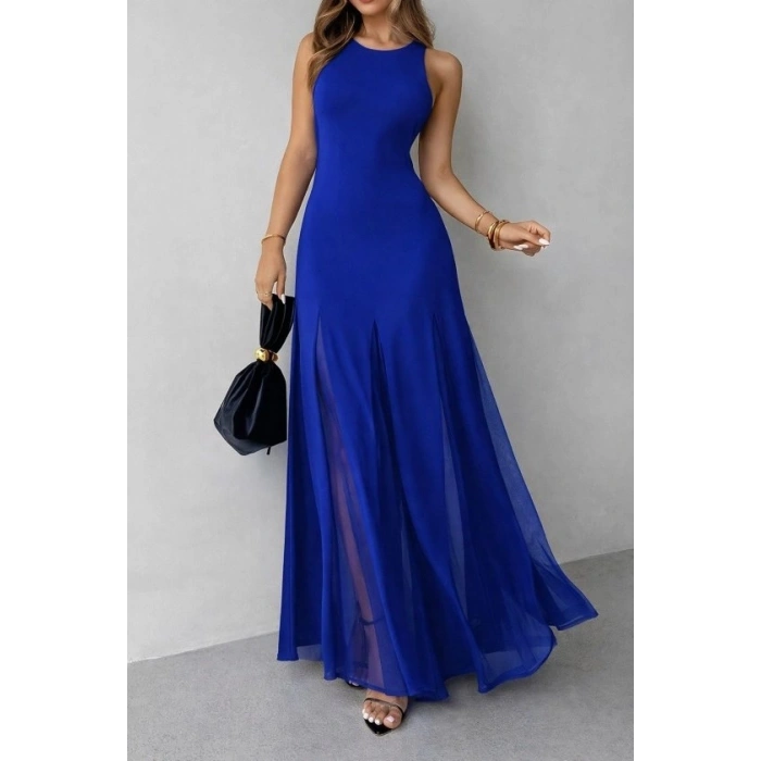 Kadın Askılı Bisiklet Yaka Etek Ucu Tül Detaylı Asimetrik Kiloş Uzun Ithal Krep Elbise