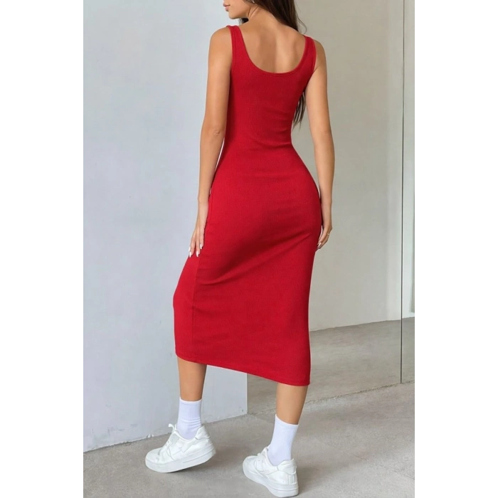 Kadın Askılı Kare Yakalı önden Düğmeli Midi Kaşkorse Elbise