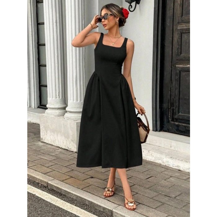 Kadın Askılı Kare Yakalı Uzun Ithal Krep Elbise