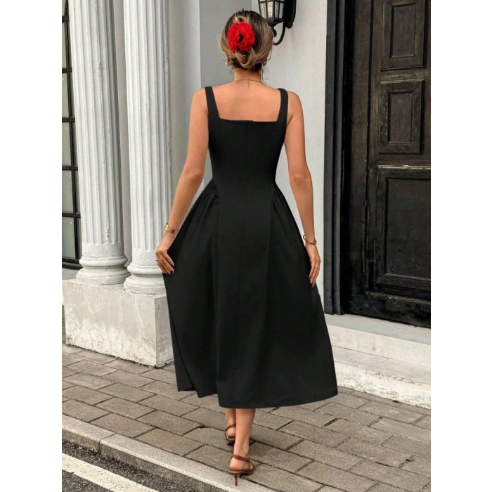 Kadın Askılı Kare Yakalı Uzun Ithal Krep Elbise