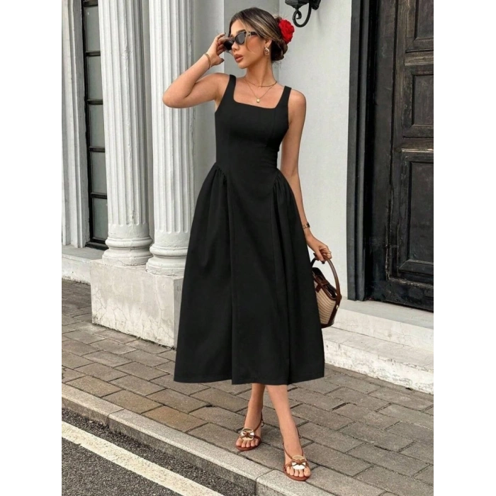 Kadın Askılı Kare Yakalı Uzun Ithal Krep Elbise