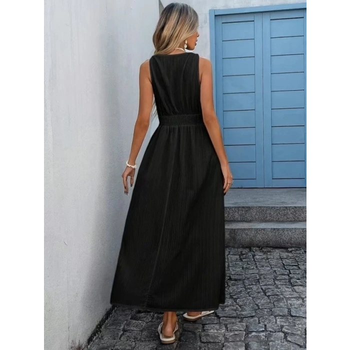 Kadın Askılı Kruvaze Yakalı Belden Dantelli Uzun Bürümcük Elbise