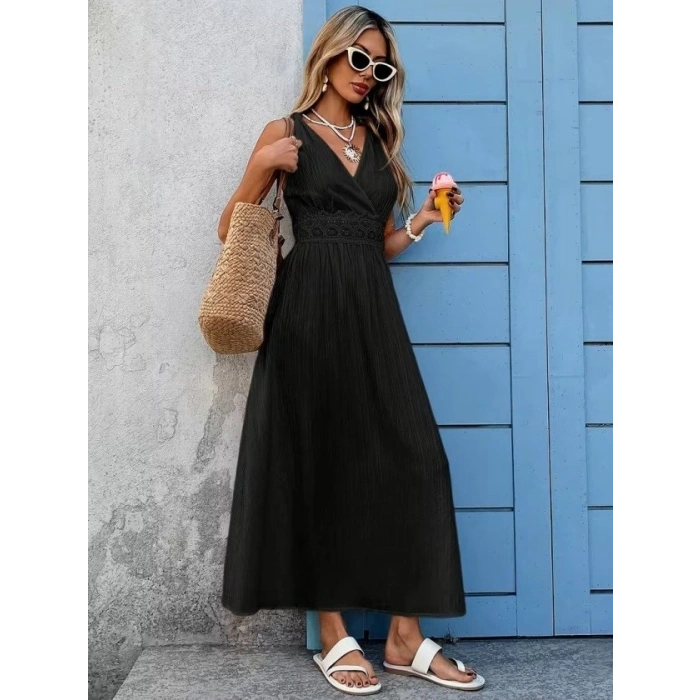 Kadın Askılı Kruvaze Yakalı Belden Dantelli Uzun Bürümcük Elbise