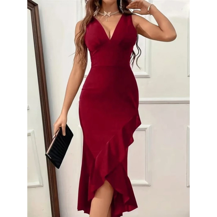 Kadın Askılı Kruvaze Yakalı önden Fırfırlı Uzun Ithal Krep Elbise