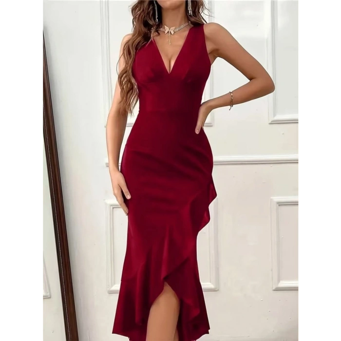 Kadın Askılı Kruvaze Yakalı önden Fırfırlı Uzun Ithal Krep Elbise