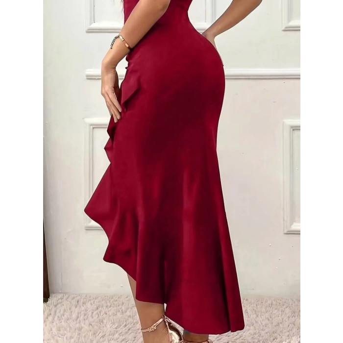 Kadın Askılı Kruvaze Yakalı önden Fırfırlı Uzun Ithal Krep Elbise