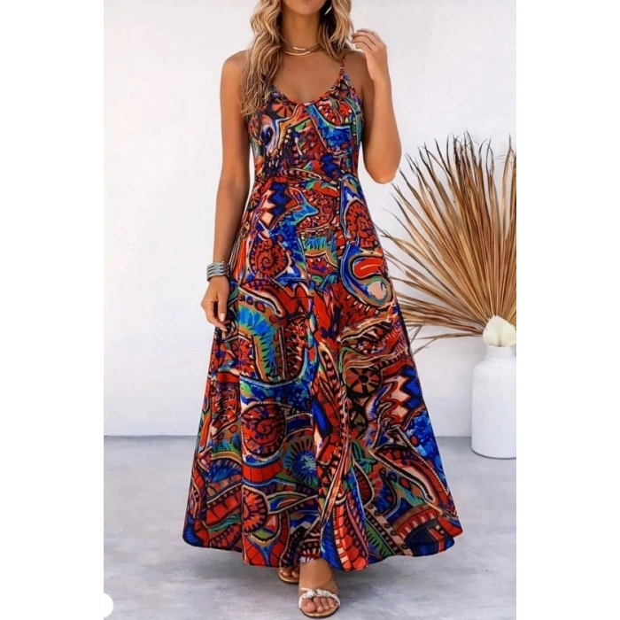 Kadın Askılı V Yakalı Desenli Uzun Süprem Elbise