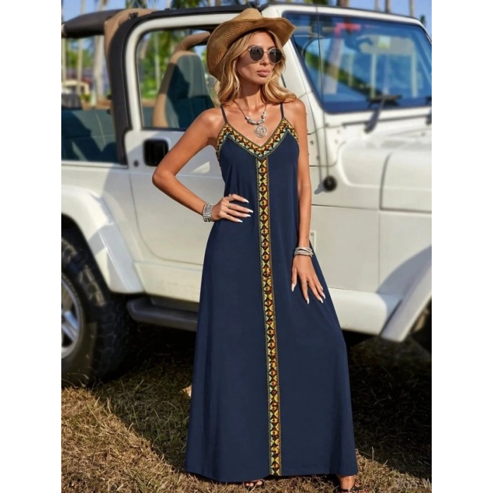 Kadın Askılı V Yakalı Etnik şerit Detaylı Uzun Viskon Elbise