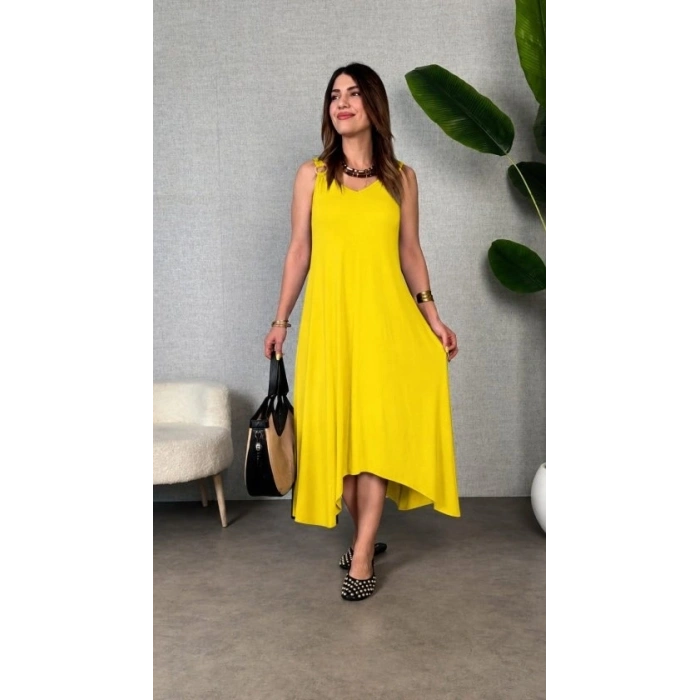 Kadın Askılı V Yakalı Halka Detaylı Asimetrik Kesim Detaylı Viskon Maxi Elbise