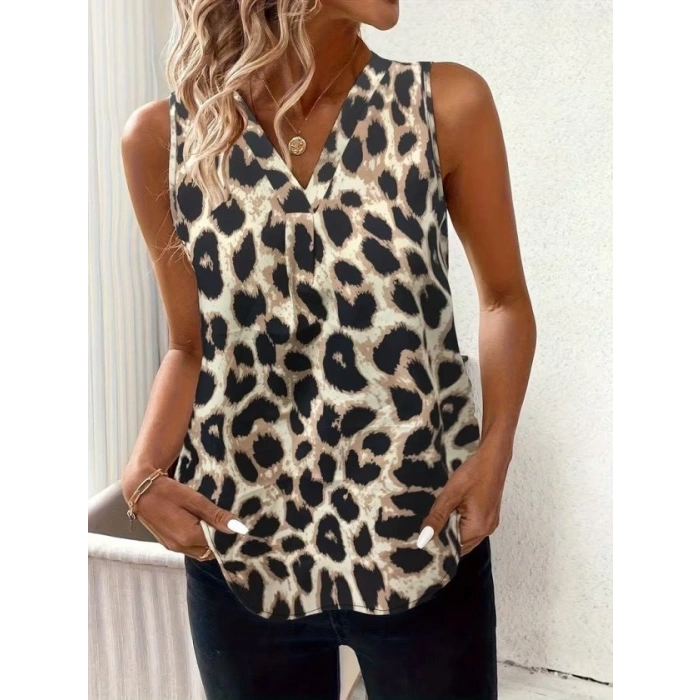 Kadın Askılı V Yakalı Leopar Desenli Süprem Bluz