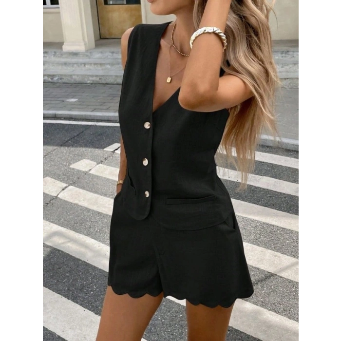 Kadın Askılı V Yakalı önden Düğmelı Bluz Ve Short Ikli Takım
