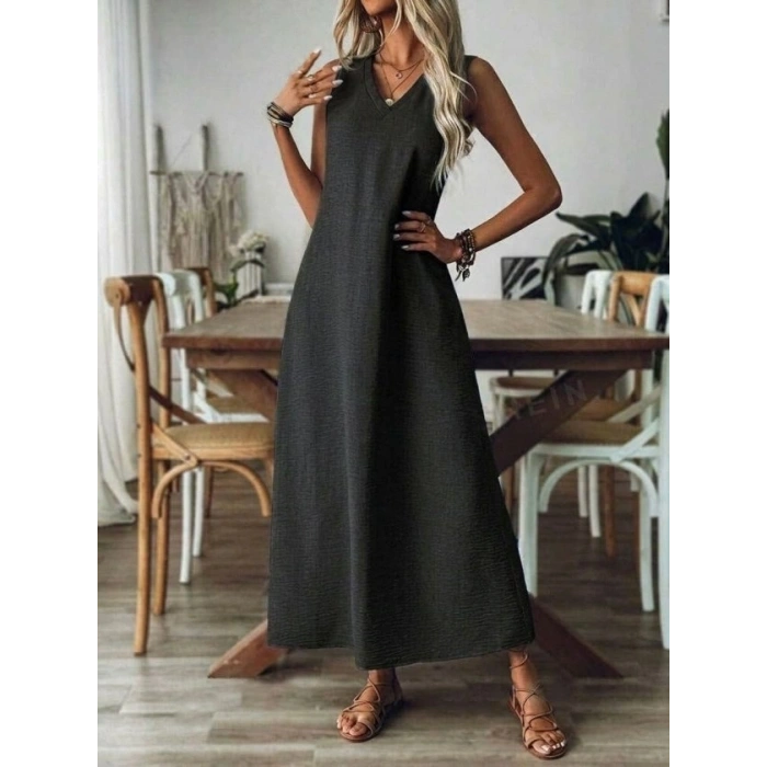 Kadın Askılı V Yakalı Uzun Elbise
