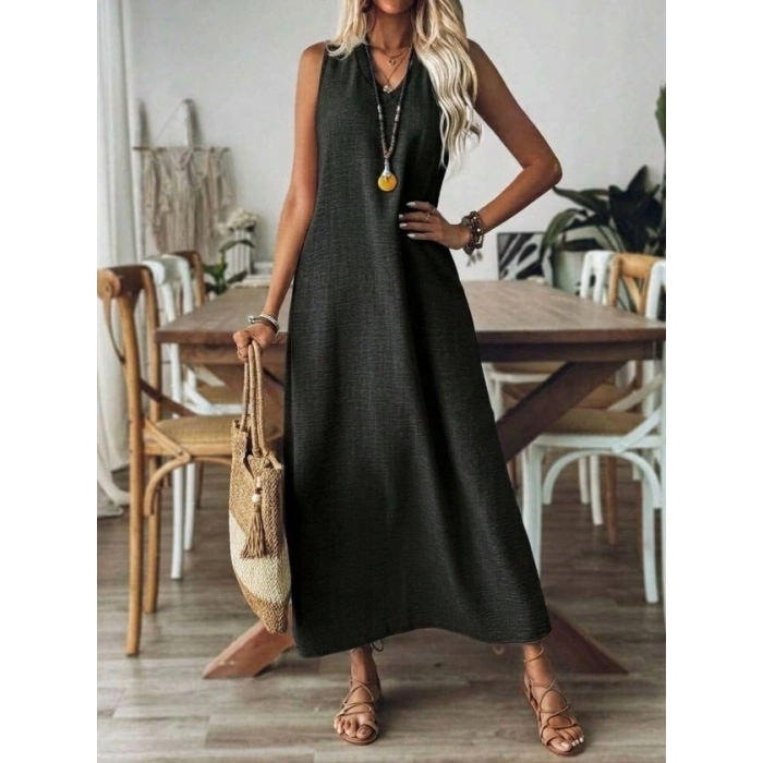 Kadın Askılı V Yakalı Uzun Elbise