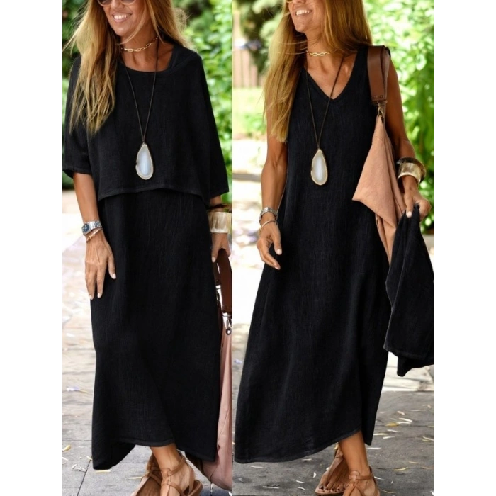 Kadın Askılı V Yakalı Uzun Pera Elbise Ve Kısa Kollu Salaş Bluz Ikili Takım