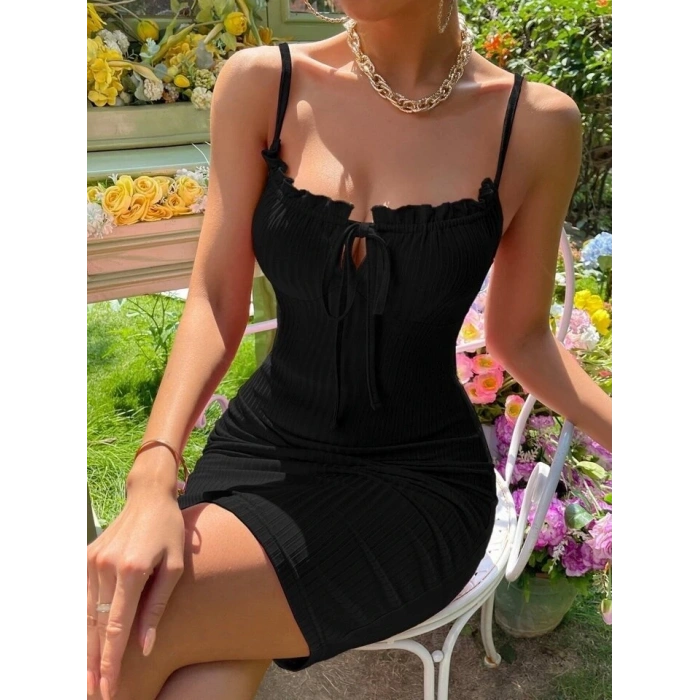 Kadın Askılı Yakası Fırfır Ve Bağlama Detay Kaşkorse Elbise