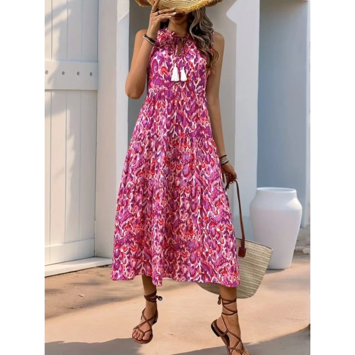 Kadın Askılı Yakası Fırfırlı Bağcıklı Desenli Uzun Süprem Elbise