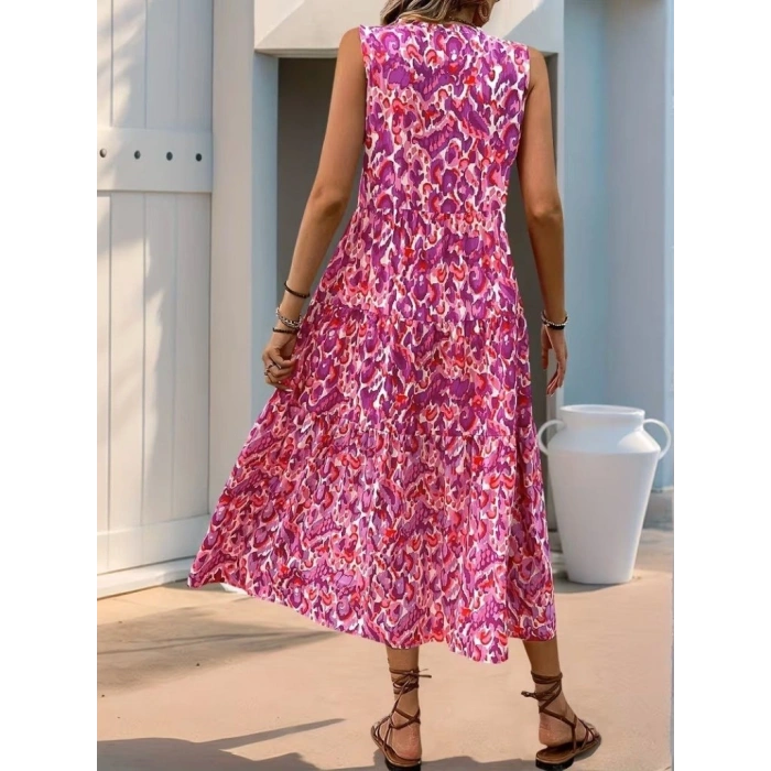 Kadın Askılı Yakası Fırfırlı Bağcıklı Desenli Uzun Süprem Elbise