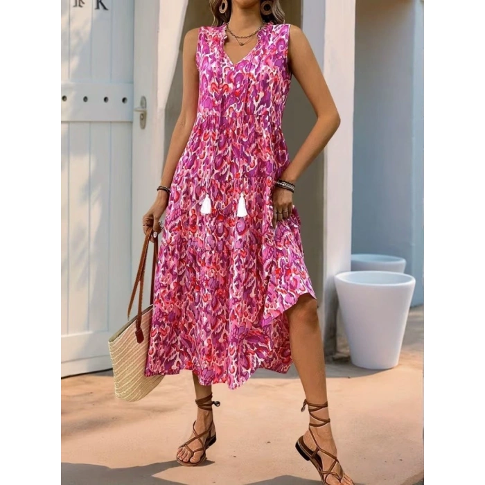 Kadın Askılı Yakası Fırfırlı Bağcıklı Desenli Uzun Süprem Elbise