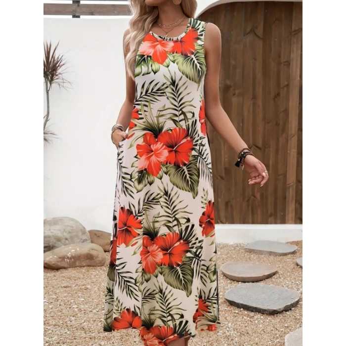 Kadın Askılı Yuvarlak Yaka Cepli Desenli Süprem Elbise