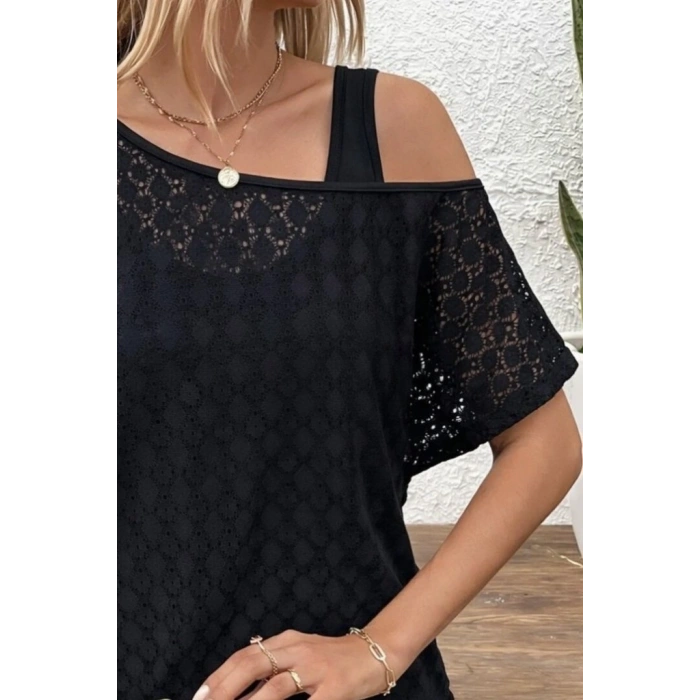 Kadın Askılı Yuvarlak Yaka Viskon Atlet Ve Yarasa Kollu Omuzdan Açık Dantel Bluz Ikili Takım