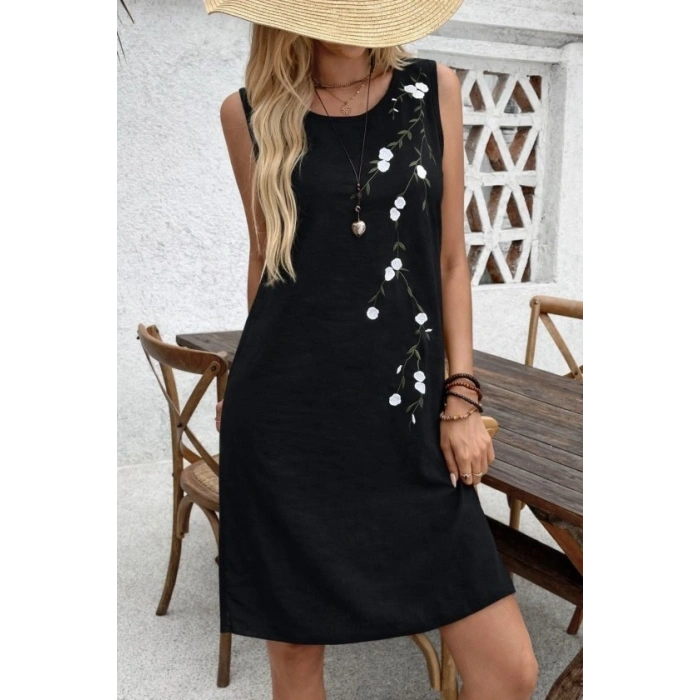 Kadın Askılı Yuvarlak Yakalı çiçek Desenli Kısa Elbise