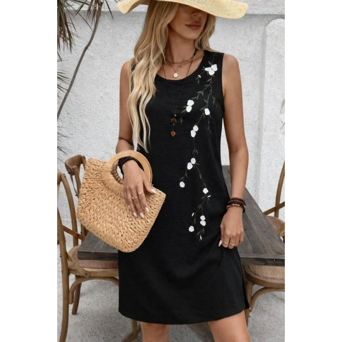 Kadın Askılı Yuvarlak Yakalı çiçek Desenli Kısa Elbise