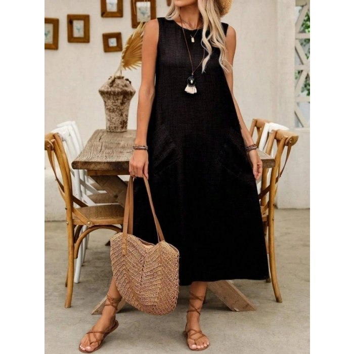 Kadın Askılı Yuvarlak Yakalı Kıloş Cepli Uzun Elbise