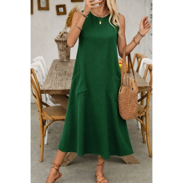 Kadın Askılı Yuvarlak Yakalı Kıloş Cepli Uzun Elbise